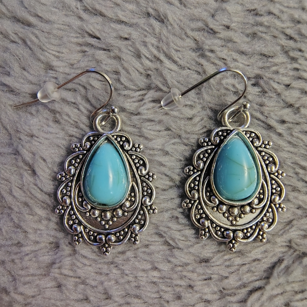 Faux Turquoise Teardrop Silver Filigree Dangle Earrings
